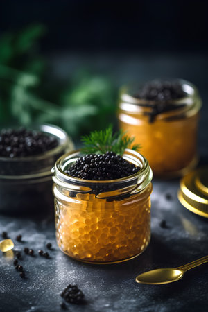 Black caviar in a glass jar on a dark background. Selective focus.の素材