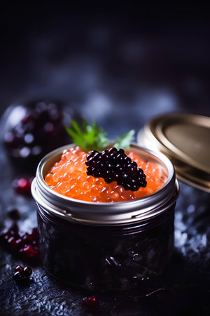 Red caviar in a glass jar with black caviar on a dark backgroundの素材