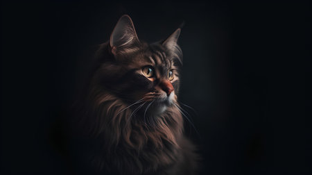 Portrait of a Maine Coon cat on a dark background.の素材
