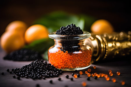 Black and red caviar in a glass jar on a wooden tableの素材
