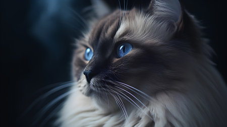 Portrait of a beautiful cat with blue eyes on a black backgroundの素材