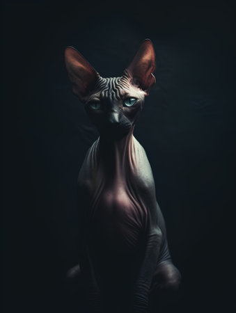 Portrait of a sphynx cat on a black backgroundの素材