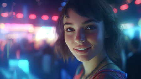 Portrait of a beautiful young woman dancing on a nightclub party.の素材