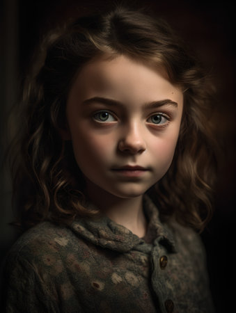 Portrait of a beautiful little girl with curly hair. Studio shot.の素材