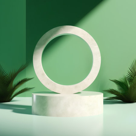 3d rendering of minimal geometric forms. Glossy podium for product presentation in green room with palm trees and plants.の素材