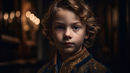 Portrait of a beautiful little boy in a Japanese kimono.の素材