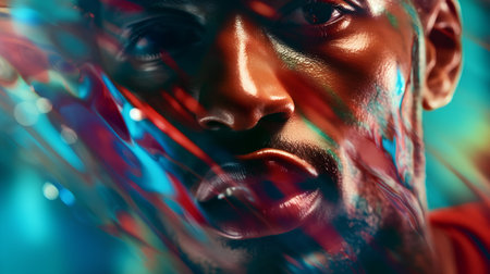 Close-up portrait of a black man with abstract red and blue background.の素材