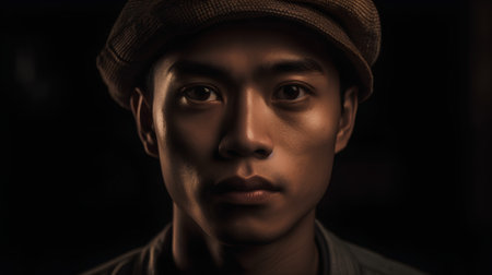 Portrait of a young Asian man in a hat. Close-up.の素材