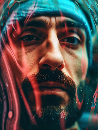 Portrait of a brutal man with a beard and mustache in a knitted hat and scarf on a background of water splashesの素材