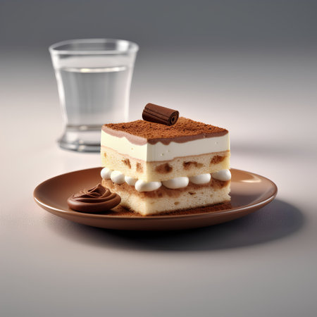 Piece of tiramisu cake on a plate with a glass of water.の素材
