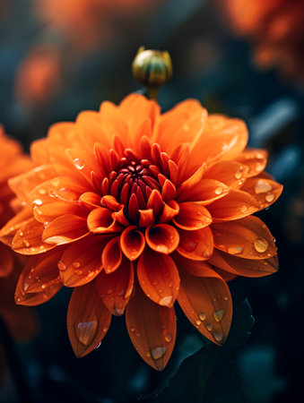 Beautiful orange dahlia flower with water drops on petalsの素材