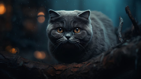 Cute cat sitting on a branch in the dark forest at nightの素材