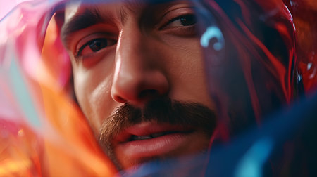 Portrait of a man with a beard and mustache in a polyethylene.の素材