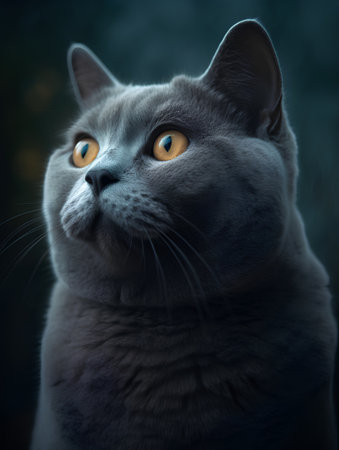 Portrait of a blue british cat on a dark backgroundの素材