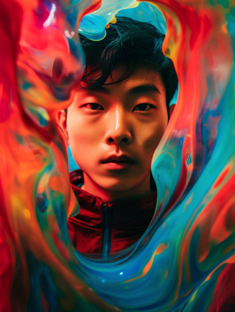Portrait of a young asian man in colorful liquid paint.の素材