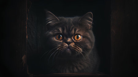 Portrait of a beautiful british shorthair cat on a dark backgroundの素材