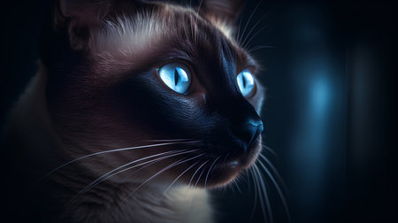 Portrait of a Siamese cat with blue eyes on a dark backgroundの素材