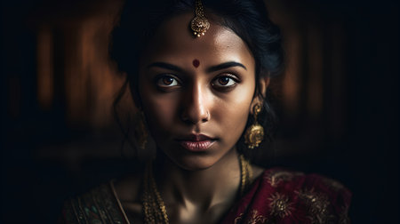 Portrait of a beautiful indian woman in traditional clothing looking at cameraの素材