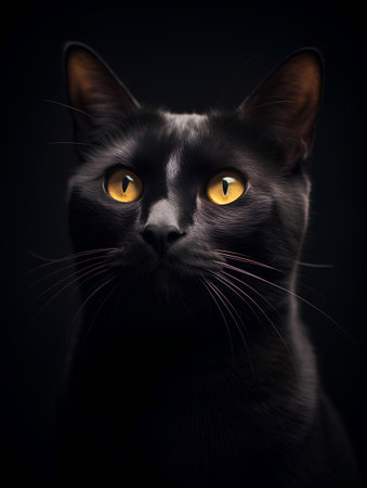 Portrait of a black cat with yellow eyes on a black backgroundの素材