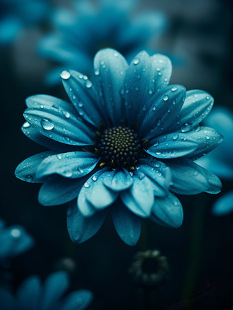 Beautiful blue daisy flower with dew drops on petals.の素材