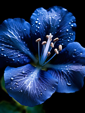 Blue hibiscus flower with water drops isolated on black backgroundの素材