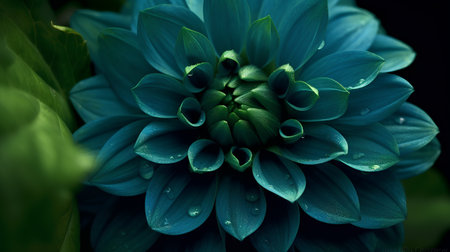 Beautiful blue dahlia with drops of dew on petals.の素材