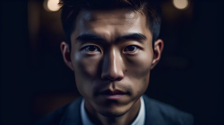Portrait of a handsome young asian man in a dark roomの素材