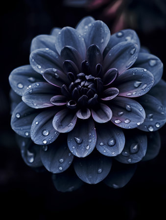 Dark blue dahlia flower with water drops on petals.の素材