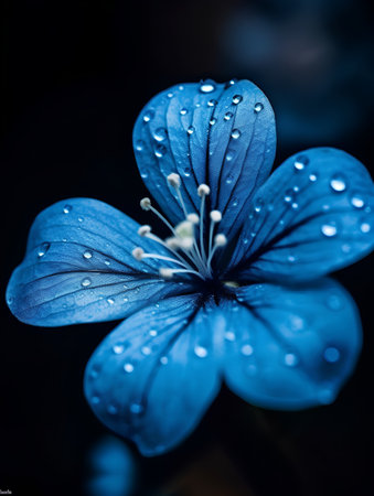 Blue flower with drops of dew on petals close-upの素材