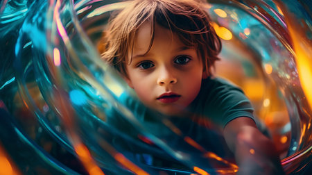 Portrait of a cute little boy on a background of colored lights.の素材