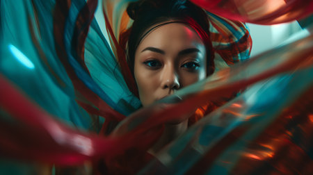 Portrait of a beautiful asian woman in red and blue fabricの素材