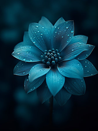 Beautiful blue dahlia flower with water drops on dark backgroundの素材