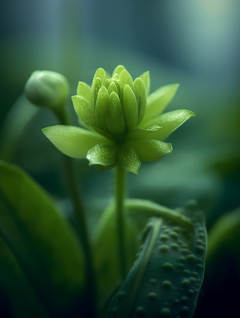 Macro shot of green succulent plant with dew drops.の素材