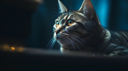 Portrait of a beautiful cat with blue eyes on a dark backgroundの素材