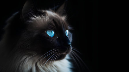 Portrait of a beautiful cat with blue eyes on a black backgroundの素材