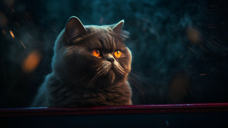 British shorthair cat with orange eyes. Portrait of the cat on a dark background.の素材