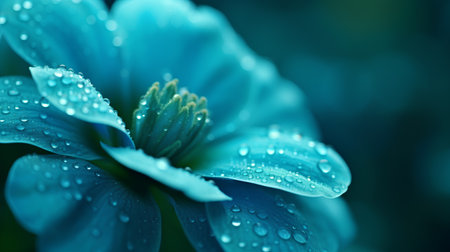 Close up of blue flower with dew drops on petals.の素材