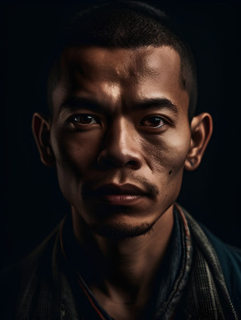Portrait of a young Asian man on a dark background. Close-up.の素材