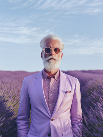 Portrait of a senior man in a lavender field. Concept of health and beauty.の素材
