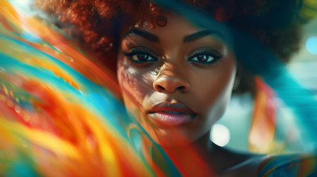 Beautiful african american woman with afro hairstyle and colorful make up.の素材