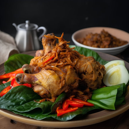 Crispy fried chicken with vegetables on a plate. Dark background.の素材