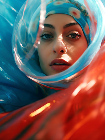 Portrait of a beautiful young woman with bright make-up in a blue scarf.の素材