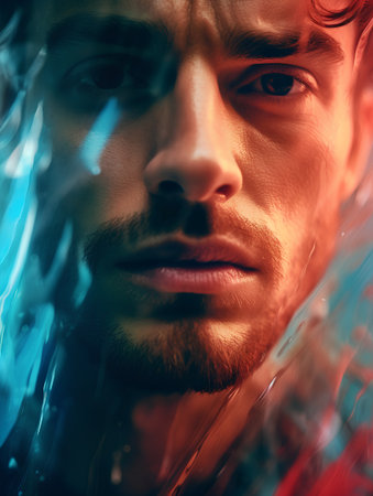 Close-up portrait of a man in a plastic raincoat.の素材