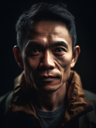 Portrait of asian man looking at camera on black background.の素材