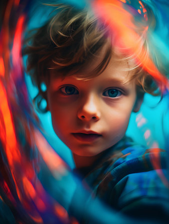 Portrait of a cute little girl with blond curly hair and blue eyes.の素材