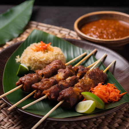 Skewers of pork satay served with rice and vegetablesの素材