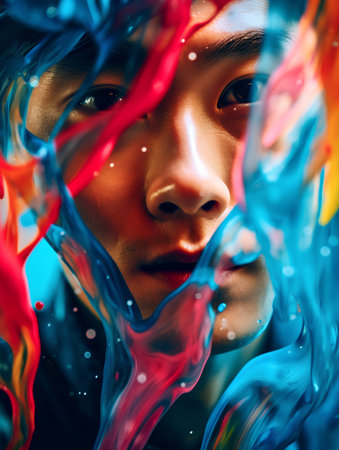 Portrait of a young Asian man with colorful paint splashes.の素材