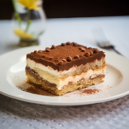 Tiramisu cake on white plate. Selective focus.の素材