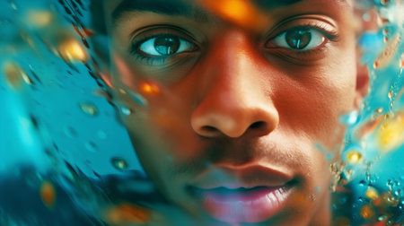 Close-up portrait of a beautiful young woman under water with drops.の素材