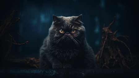 Portrait of a beautiful black cat on a dark background with smoke.の素材